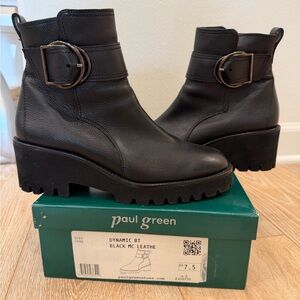 Paul Green Black Leather Lug-Sole Ankle Boots with Buckle
